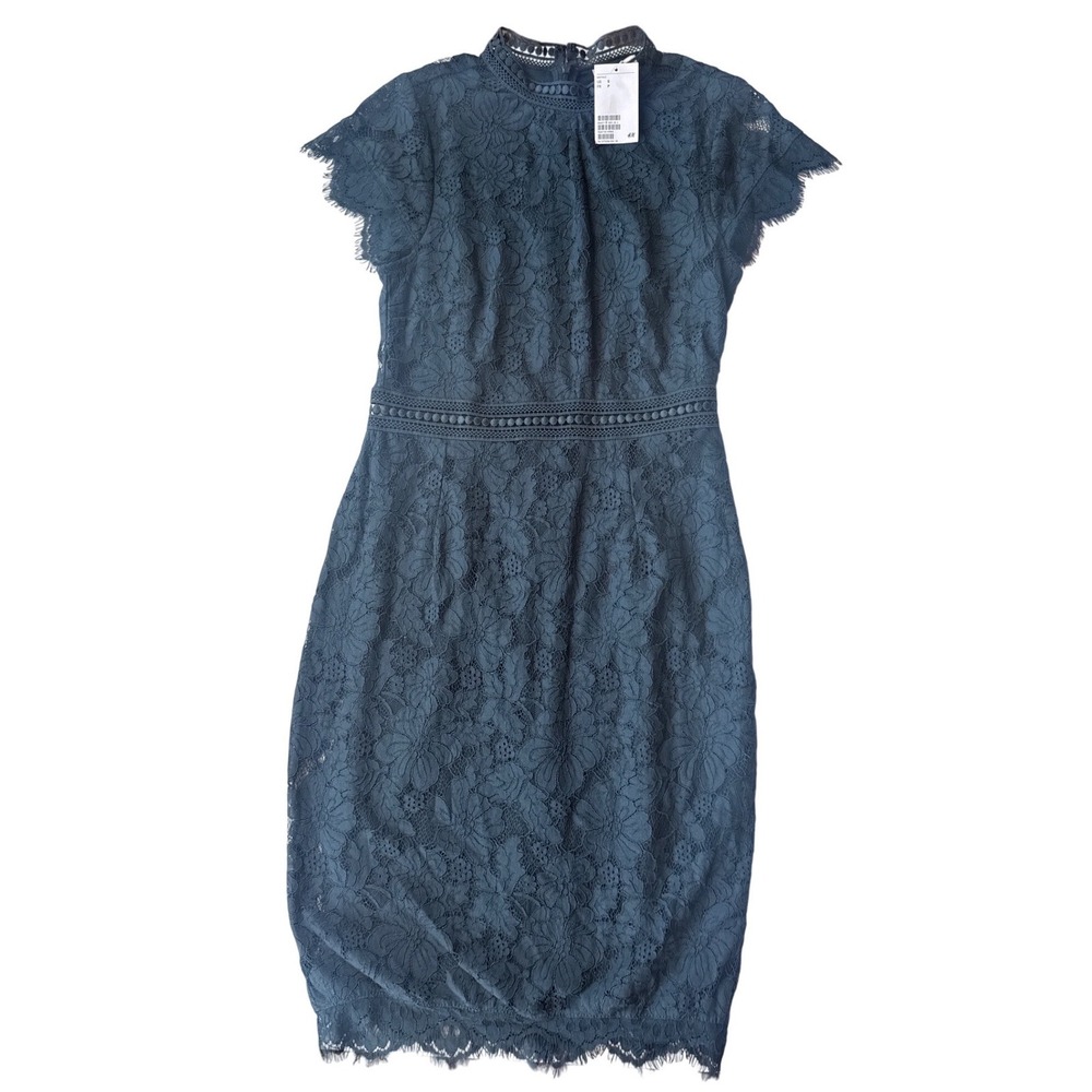 H&M Floral Lace Sheath Dress Women Small Teal Blue Short Sleeve Knee Length NWT